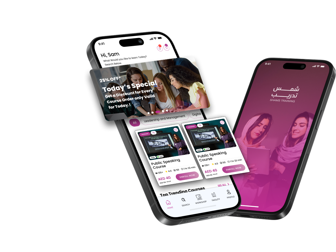 Mobile app mockups showing course marketplace and Shams Training apps